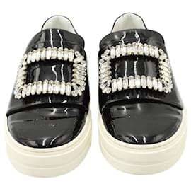 Roger Vivier-Roger Vivier  Sneaky Viv Crystal Embellished Slip On Sneakers in Black Patent Leather-Black
