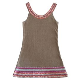 Autre Marque Tunika oder Minikleid in 100% Leinen-Tabak-Beige-Hintergrund und mehrfarbige Kanten T. S-M Pink Beige Orange Hellblau