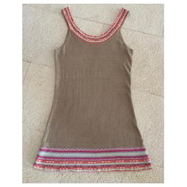 Autre Marque-túnica o mini vestido en 100% Camiseta lino tabaco fondo beige y bordes multicolor. S-M-Rosa,Beige,Naranja,Azul claro