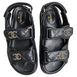 Chanel-Dad-Sandalen aus genarbtem Kalbsleder mit Klettverschluss 37 Schwarze Farbe-Schwarz