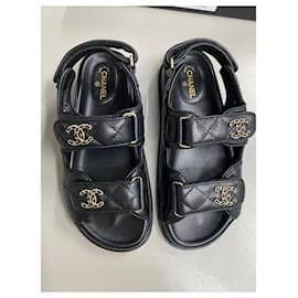 Chanel-Grained calf leather Velcro Dad Sandals 37 Black-Black