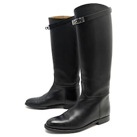 Hermès-HERMES SHOES JUMPING BOOTS 39 BLACK LEATHER CLASP KELLY BLACK BOOTS-Black
