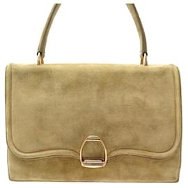 Hermès-VINTAGE SAC A MAIN HERMES ETRIER EN DAIM BEIGE SABLE PORTE EPAULE SUEDE PURSE-Beige