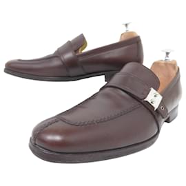 Hermès-HERMES SHOES MOCASSINS SAC A DEPECHE BUCKLE 42 BROWN LEATHER SHOES-Brown