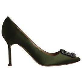 Manolo Blahnik Hangisi Pumps in Olive Green Satin Green