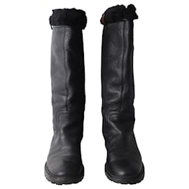 Gucci-Gucci Fur Lined Web Mid Calf Boots in Black Leather-Black
