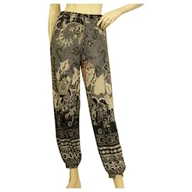 Fuzzi-Fuzzi Pantalon d'été à taille et poignets élastiques à fleurs noir et beige taille S-Gris anthracite