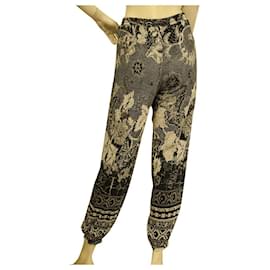Fuzzi-Fuzzi Pantalón de verano negro y beige floral cintura y puños elásticos talla S-Gris antracita