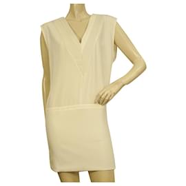 Iro-IRO kacil Off White Leather Trimming Sleeveless Summer V Neck Mini Dress size 38-White