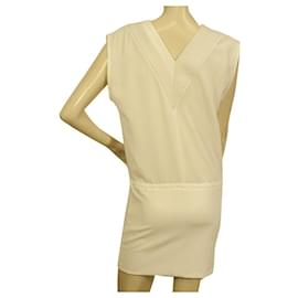 Iro-IRO kacil Off White Leather Trimming Sleeveless Summer V Neck Mini Dress size 38-White
