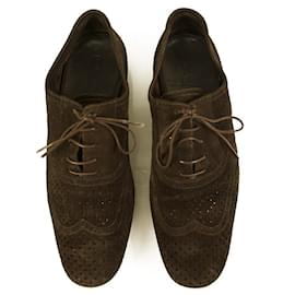 Louis Vuitton-Louis Vuitton LV Men's Brown Suede Perforated Oxfords Lace Up Shoes 7-Brown