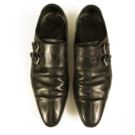Louis Vuitton-Louis Vuitton LV Hombres Damier Negro Cuero forrado Hebilla Monk Zapatos tamaño 7.5-Negro