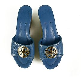 Tory Burch Patti Electric Blue leather slides mules platform sandals shoes 7.5 M Blue
