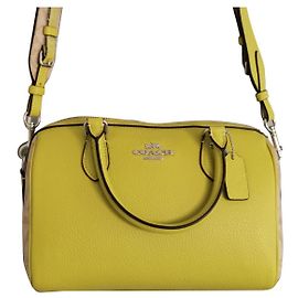 Bolsa Coach em lona e couro granulado verde e cáqui bege Bege Verde Caqui Amarelo Hardware prateado