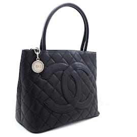 Chanel-CHANEL Silver Medallion Caviar Shoulder Bag Shopping Tote Black-Black