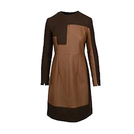 Céline-Celine Wool and Leather Dress-Brown