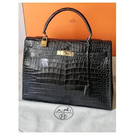 Hermès-Hermes Kelly bag 35 cm in crocodile porosus-Black