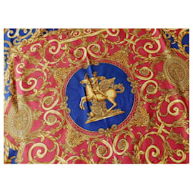 Hermès-Lenço vintage Hermes Les Tuileries-Vermelho,Dourado,Azul marinho