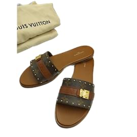 Louis Vuitton brown Patent LV Logo Strappy Flat Sandals Size 38