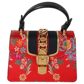 Gucci Mini Sylvie in raso rosso e jacquard ricamato floreale D'oro Metallico