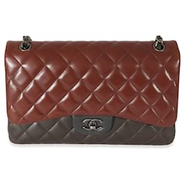 Chanel-Chanel Bi-Color Quilted Lambskin Jumbo Double Flap Bag-Red,Dark red