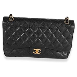 Chanel-Chanel Black Quilted Caviar Jumbo Classic Double Flap Bag-Black