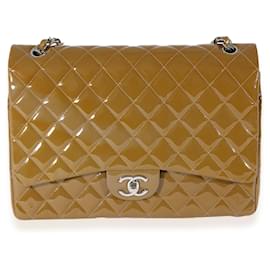 Chanel-Chanel Tan Quilted Patent Leather Maxi Double Flap-Beige