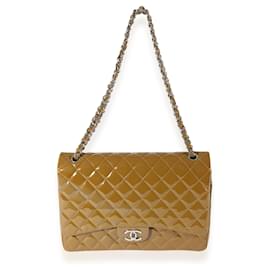 Chanel-Chanel Tan Quilted Patent Leather Maxi Double Flap-Beige
