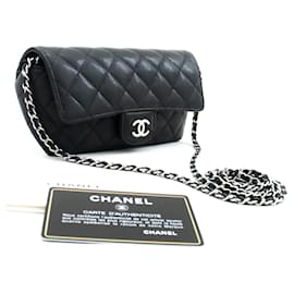 Chanel-CHANEL Porta telefono con patta con borsa a catena Pochette a tracolla nera-Nero