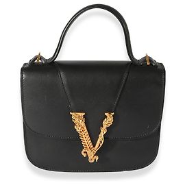 Versace Black Smooth Leather Virtus Barocco V Small Top Handle Silvery Metallic