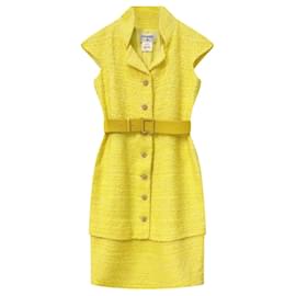 Chanel-9K$ Neues Tweed-Kleid mit Gürtel und Band-Gelb