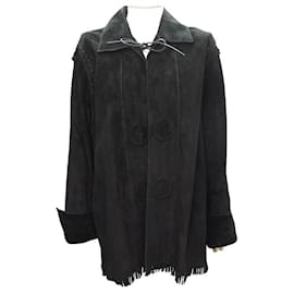 Yves Saint Laurent-Yves Saint Laurent jacket 48 XL BLACK SUEDE JACKET FRINGED COAT-Black