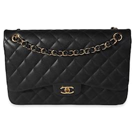 Chanel-Chanel Black Quilted Caviar Jumbo Classic Double Flap Bag-Black