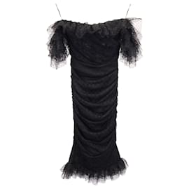Dolce & Gabbana-Vestido con hombros descubiertos fruncidos de Dolce & Gabbana en poliamida negra-Negro