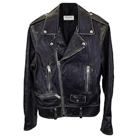 Saint Laurent-Saint laurent Blouson Moto Effet Usé En Cuir Noir-Noir