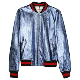 Gucci-Jaqueta bomber Gucci Crackle em couro azul-Azul