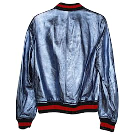 Gucci-Gucci Crackle Bomber Jacket in Blue Leather-Blue