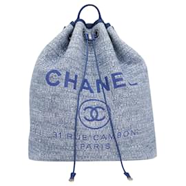 Chanel-Sac à Dos Chanel Deauville Drawstring en Toile et Cuir Bleu-Bleu