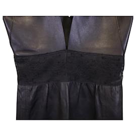 Valentino Garavani-Valentino Deep V-Neck Sleeveless Midi Dress in Black Leather-Black