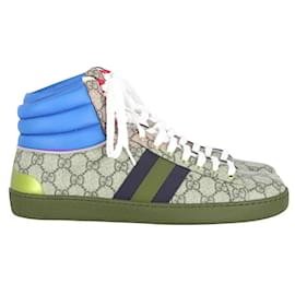 Gucci-Gucci Ace GG High Top Sneakers in 'Blue Beige' Canvas and Leather-Multiple colors
