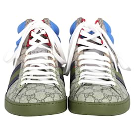 Gucci-Gucci Ace GG High Top Sneakers in 'Blue Beige' Canvas and Leather-Multiple colors