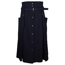 Hermès-Hermes Button-Front Midi Skirt with Harness Detail in Navy Wool-Blue,Navy blue