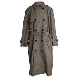 Céline Celine Gingham Trench Coat in Brown Wool Brown