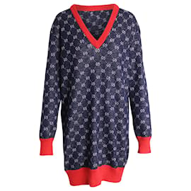Gucci-Gucci Bicolor Logo Patterned Knit Sweater Dress in Blue Wool-Blue