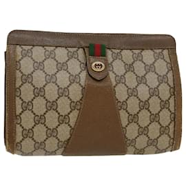Gucci-GUCCI GG Canvas Web Sherry Line Clutch Bag PVC Leather Beige Green Auth 43090-Beige,Green