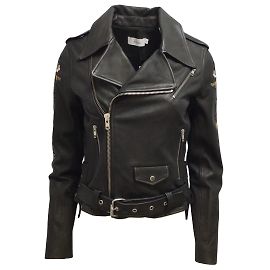 a.l.C. Black Leather Benson Floral Embroidered Moto Zip Jacket Black