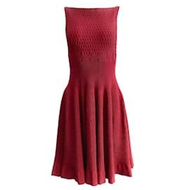 Alaïa-ALAÏA Burgundy Rib Knit Fit & Flare Short Casual Dress-Red