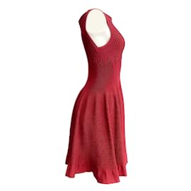 Alaïa-ALAÏA Burgundy Rib Knit Fit & Flare Short Casual Dress-Red