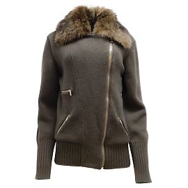 Agnona Marmot Fur Collar Full Zip Cachemire Knit Taupe Pull Marron
