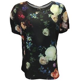 Adam Lippes Schwarze, kurzärmlige Bluse mit Dolman-Blumenmuster in Schwarz Mehrfarben